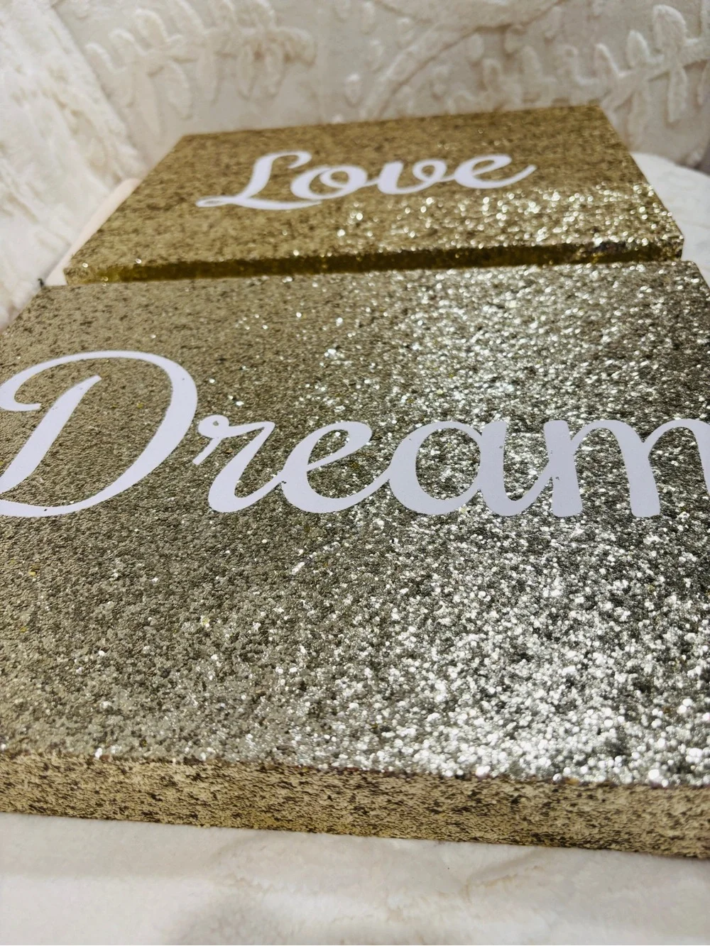Love/Dream Glitter Wall Art Set Gold Glam Sparkle Decor 2-Piece